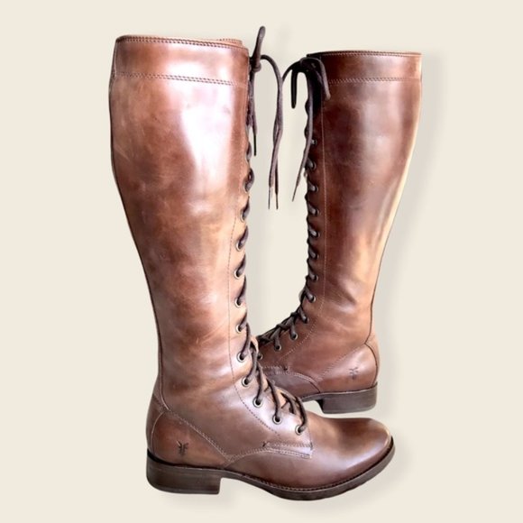 Frye Melissa Tall Classic Brown Leather Lace Up Knee High Equestrian Riding Boot - Picture 8 of 14